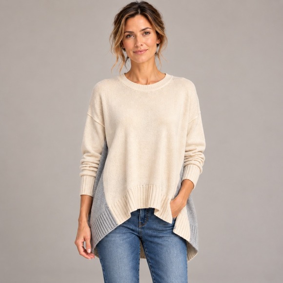 Eileen Fisher Sweaters - Eileen Fisher XXS XS Cream Gray Colorblock High Low Sweater Tunic Quiet Luxury
